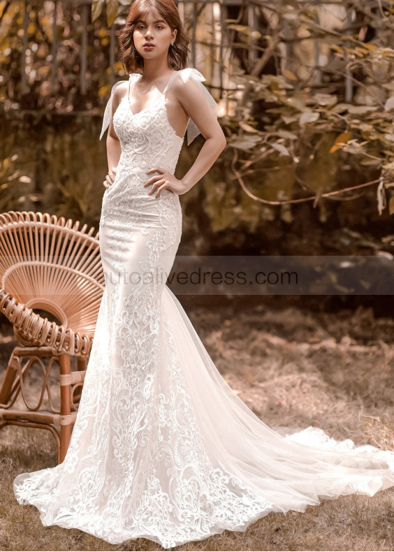 Spaghetti Straps Beaded Ivory Lace Tulle Wedding Dress